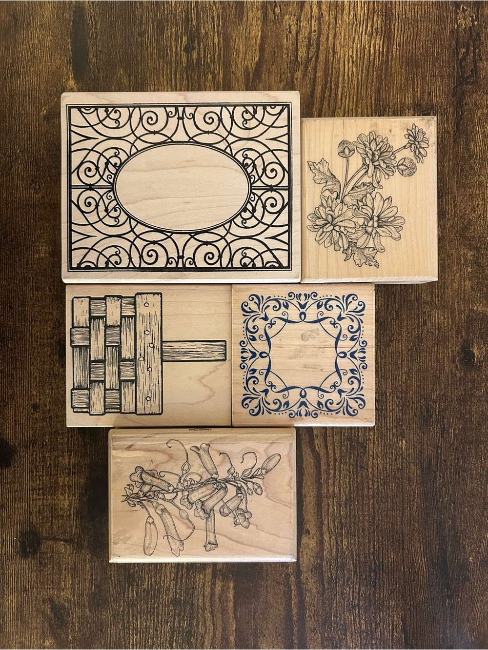 Vintage Wood Mounted Rubber Stamps - Floral and Various Designs - 5 Pc. Bundle
